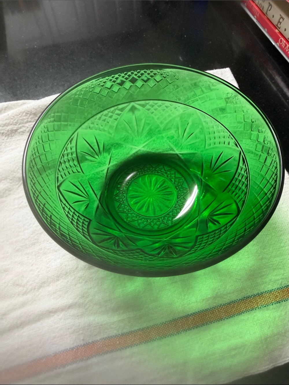 Vintage Emerald Green Cut Glass Serving Bowl
